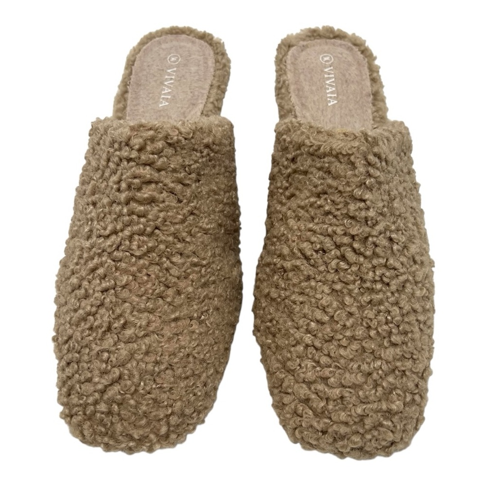 Vivaia Margot Square Toe Tan Sherpa Wedge Mules Women’s 38/7.5 - Picture 7 of 15